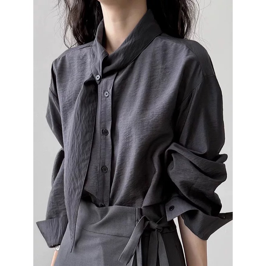 韩系围巾领长袖衬衫女秋季设计小众长袖上衣宽松通勤法式小资小衫