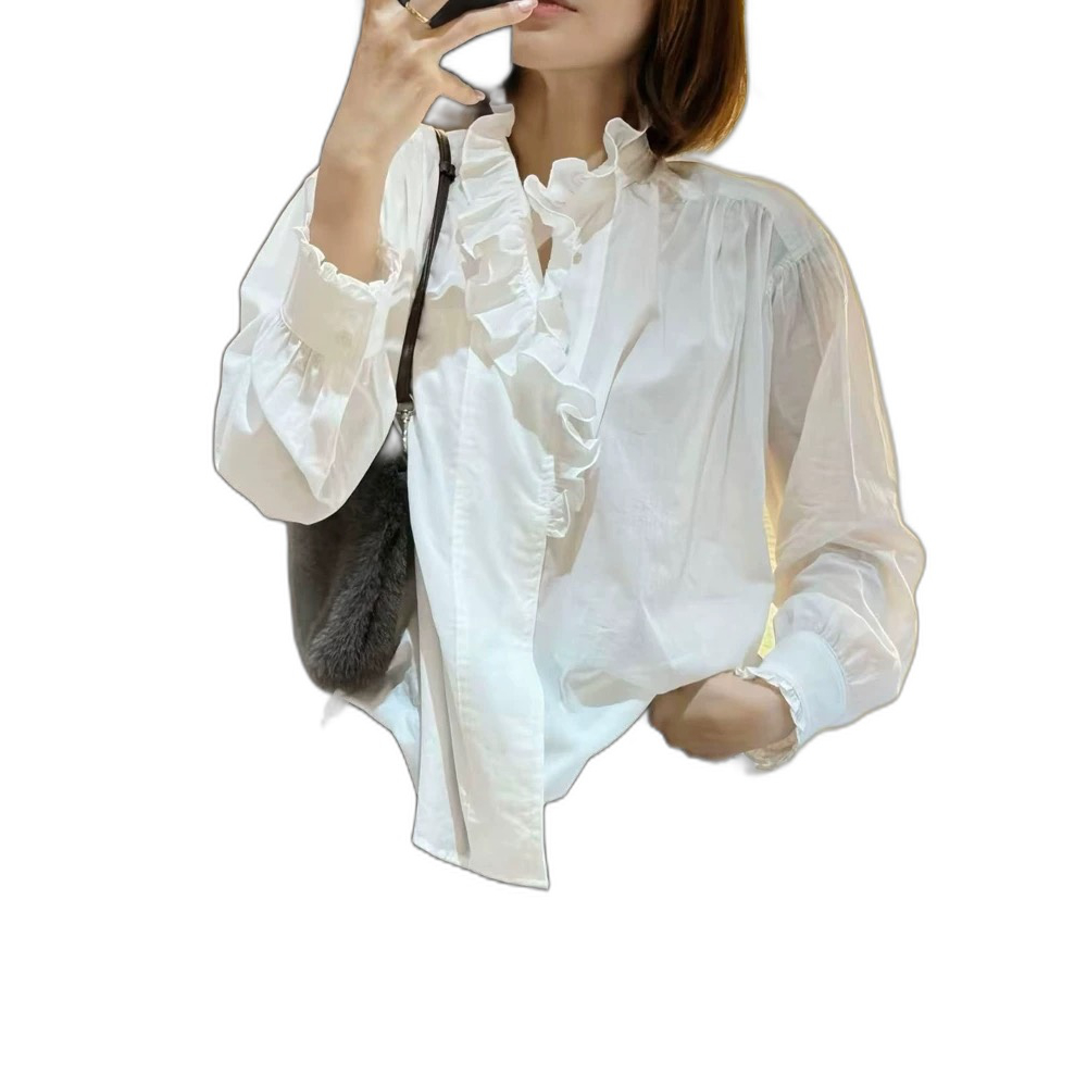 法式木耳边立领长袖衬衫女秋宽松打底别致衬衣设计感复古气质上衣