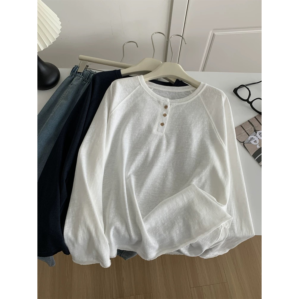 极简韩版亨利领麻感棉长袖T恤女松弛感显瘦插肩袖圆领打底衫秋季