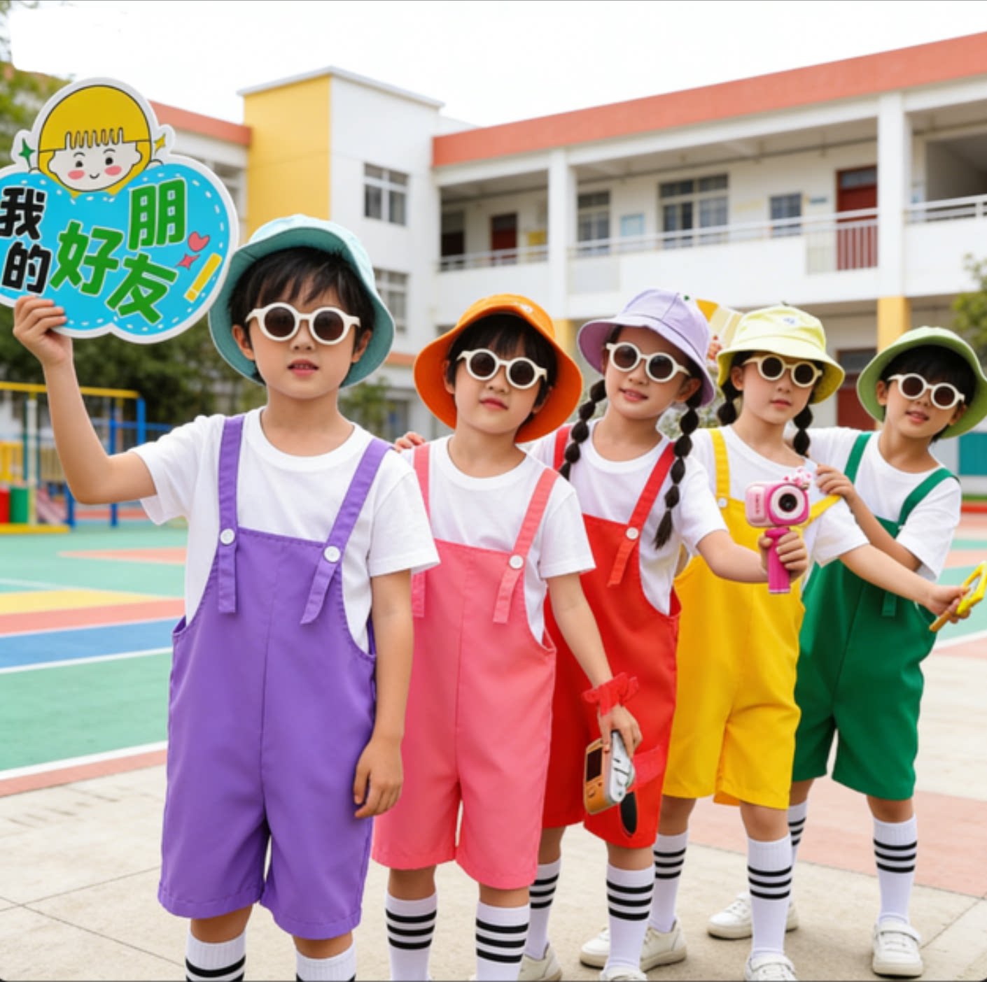 糖果色儿童七彩背带裤合唱演出服