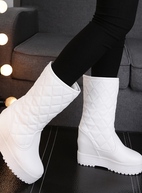 白色中筒雪地靴女冬2025新款内增高棉鞋加绒加厚防水防滑东北棉