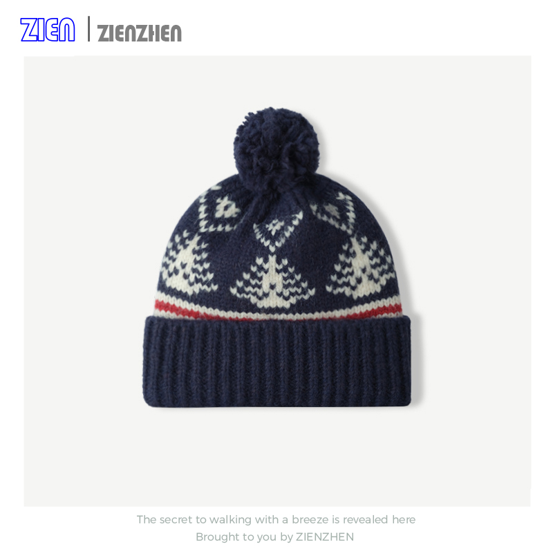 Zien 费尔岛风毛球提花针织帽子女秋冬加厚保暖毛线套头帽护耳帽