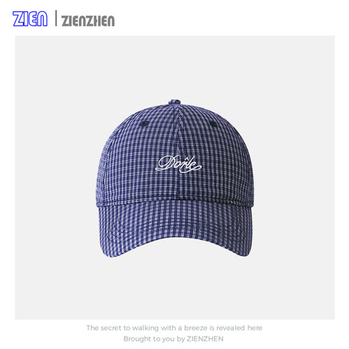 Zien 韩国格子字母刺绣鸭舌帽子男女夏百搭宽檐软顶棒球帽显脸小