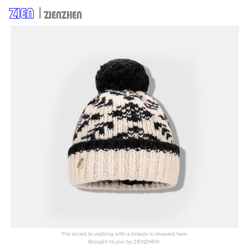 Zien 复古费尔岛提花针织帽子女冬加厚显脸小保暖护耳包头毛线帽
