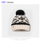 Zien 复古费尔岛提花针织帽子女冬加厚显脸小保暖护耳包头毛线帽