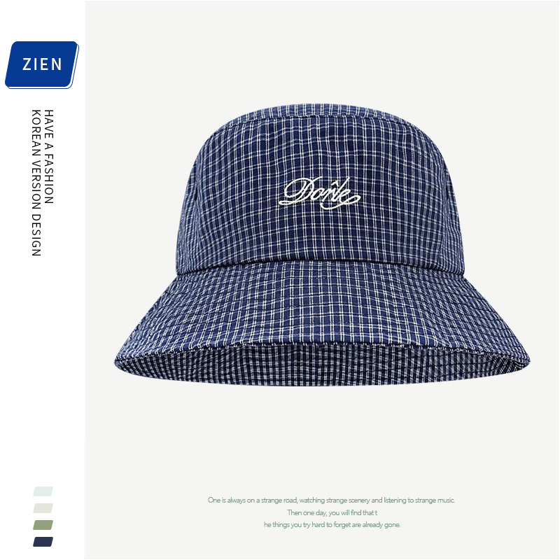 韩国新款格子字母刺绣渔夫帽子男女春夏季百搭遮阳防晒显脸小盆帽
