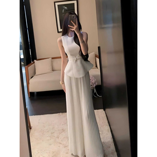 实价现货名媛穿搭高级感小香风御姐修身收腰无袖上衣女阔腿裤套装