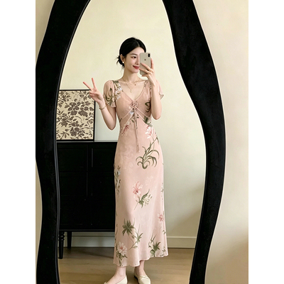 parkyeon女装法式V领印花短袖连衣裙夏季新款浪漫风减龄显瘦长裙