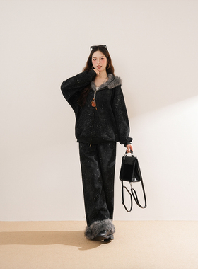 美式复古满天星毛绒绒兔耳连帽卫衣套装女加绒冬季宽松慵懒两件套