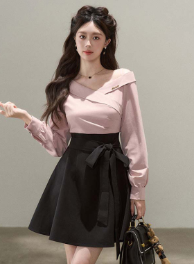 假两件v领斜肩长袖连衣裙女春秋高腰显瘦通勤a字短裙D3981