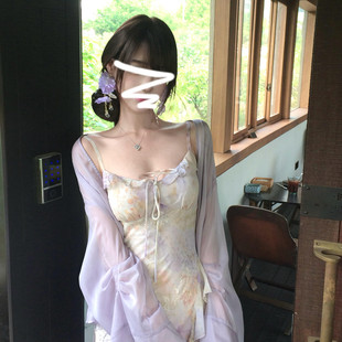 韩系温柔风紫色开衫吊带连衣裙子女夏季2026新款一整套装修身长裙