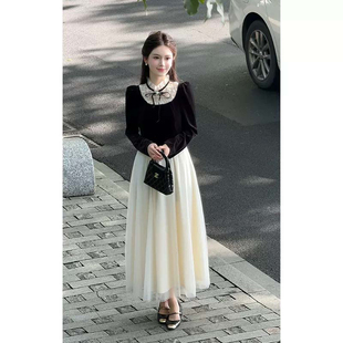 复古千金风设计假两件纱裙D3912 有里布法式 2025秋季 新款