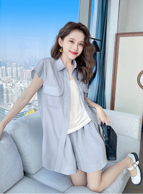 2026春季新款休闲气质显瘦蓝色马甲短裤套装微胖穿搭两件套D2348