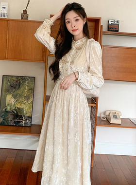 2025新款秋季新中式圆领减龄米白色长袖连衣裙女D0079