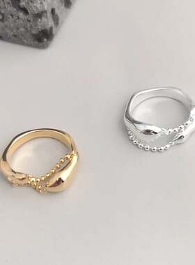 Seashell小众设计链条流苏双层叠戴开口指环简约几何双层线条戒指