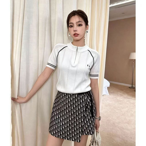 南油高端字母撞色条纹短袖针织衫女圆领拉链修身百搭减龄显瘦上衣
