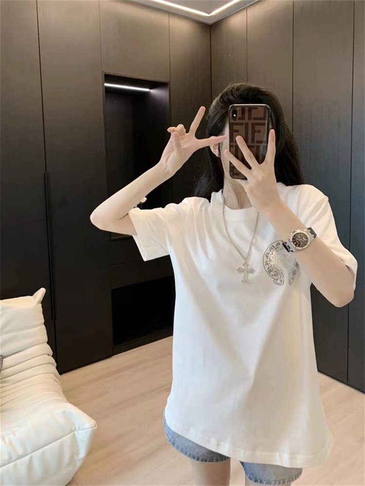 潮牌小众梵文短袖T恤女2023春夏季白色打底体恤中长款遮屁股上衣