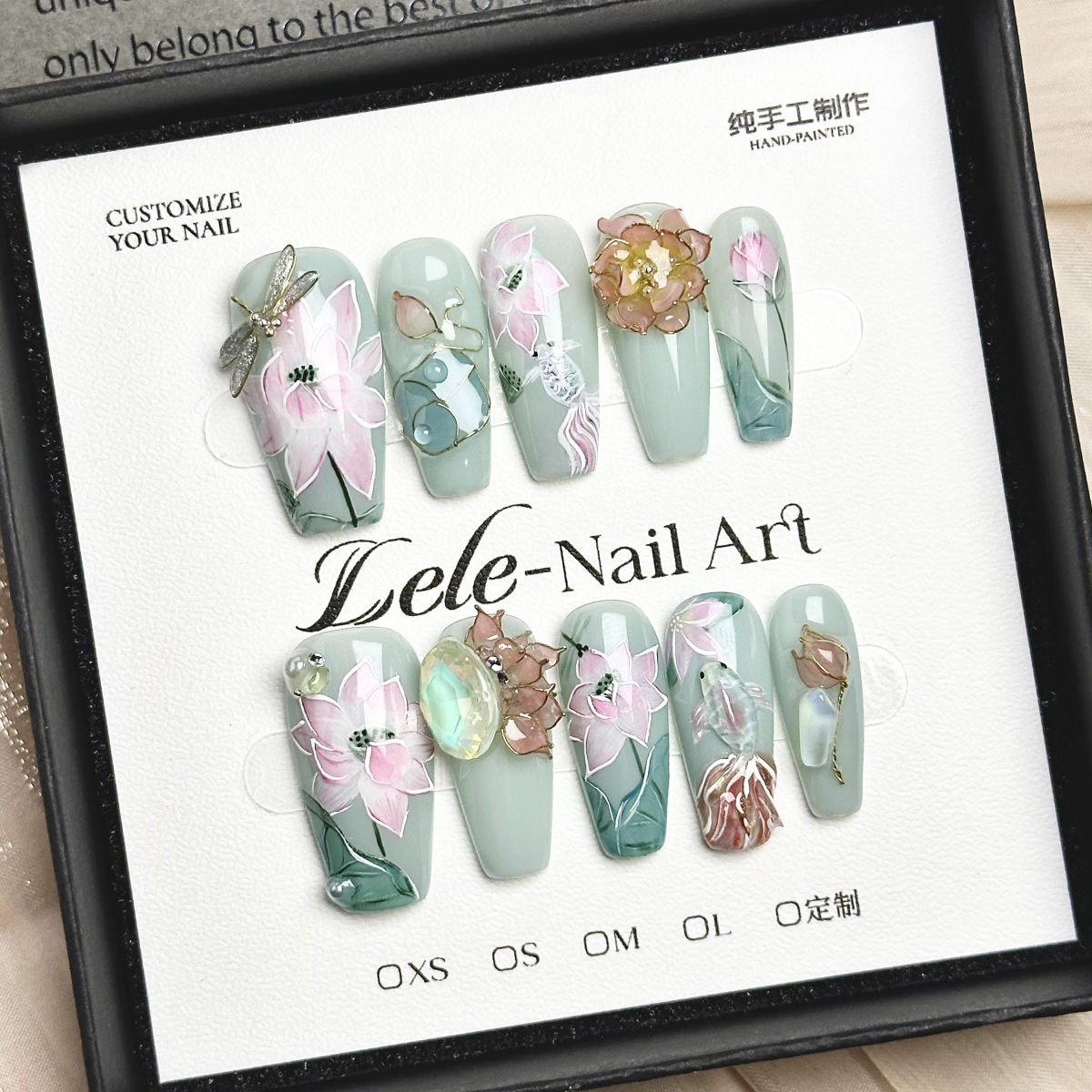LELE【9-好运莲莲】手工穿戴甲纯手绘高级感美甲贴片掐丝莲花