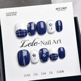 Lele【蓝色拼布】纯手工穿戴甲个性小众可拆卸美甲贴片甲气质显白