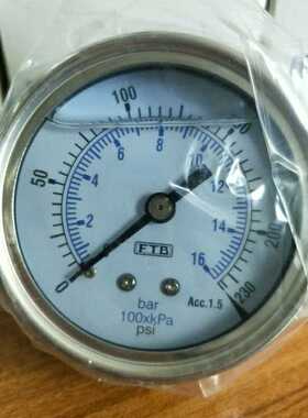 16BAR台湾FTB不锈钢轴向压力表323.51.22无边充油耐震1/4PT