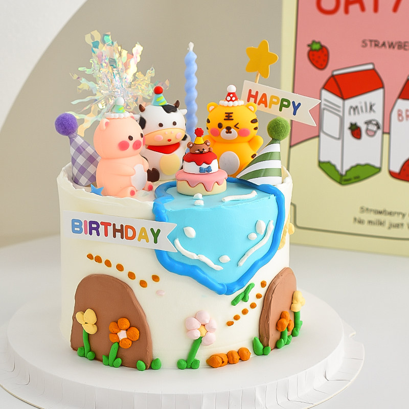 派对帽软胶小动物蛋糕装饰小猪老虎摆件复古宝宝卡通生日小牛插件