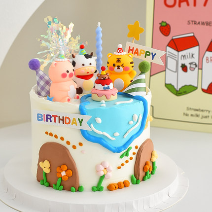 派对帽软胶小动物蛋糕装饰小猪老虎摆件复古宝宝卡通生日小牛插件