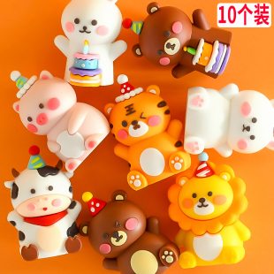 派对帽软胶小动物蛋糕装 饰小老虎摆件熊兔宝宝卡通生日小熊插件