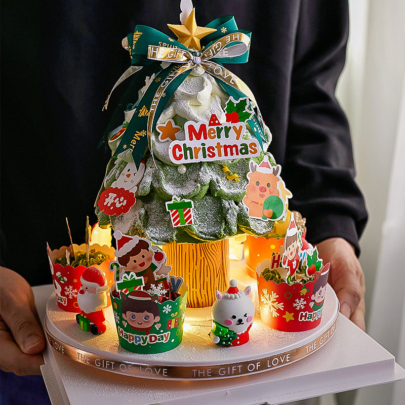 网红圣诞树蛋糕打桩支架圣诞节烘焙装饰蝴蝶结雪人麋鹿许愿树转台
