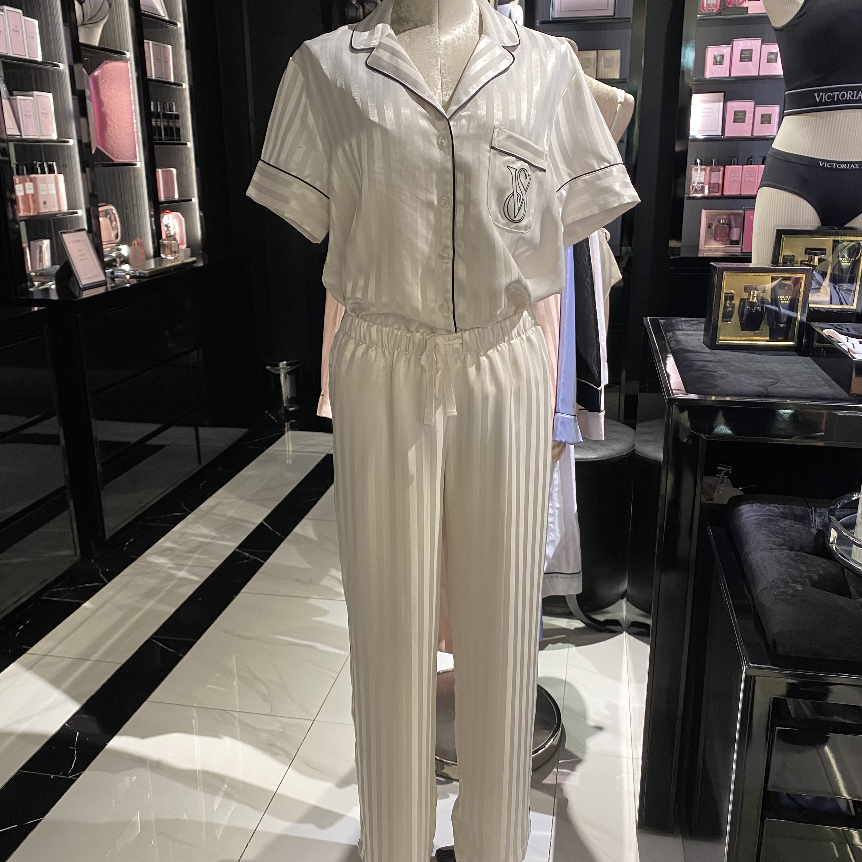 正品维密维多利亚的秘密刘亦菲同款睡衣条纹月光绸短袖长裤家居服