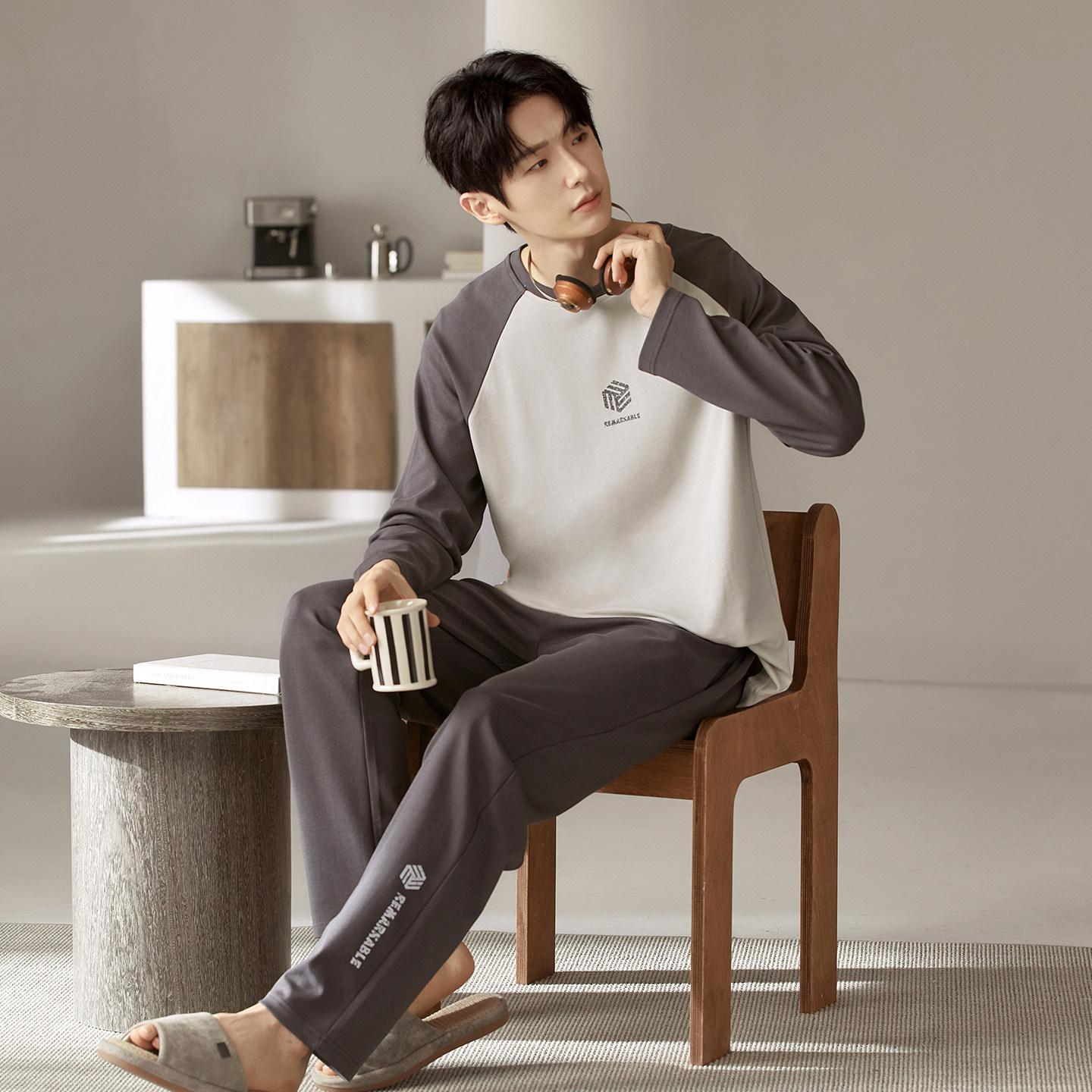 男士睡衣春秋款纯棉长袖长裤圆领套头灰色家居服套装舒适休闲透气