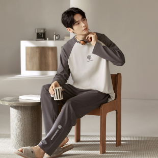 圆领套头灰色家居服套装 男士 长裤 纯棉长袖 舒适休闲透气 睡衣春秋款