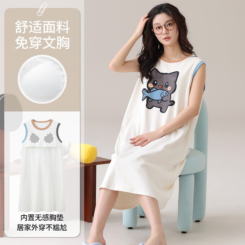 纯棉背心无袖睡裙女夏季带胸垫无钢圈学生卡通睡衣家居服连衣裙