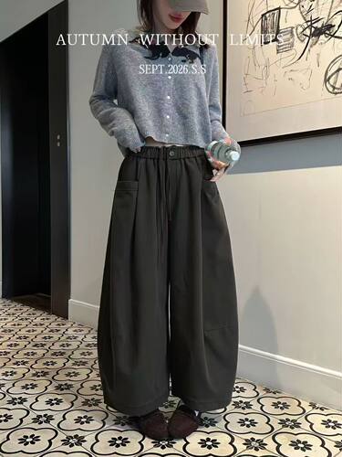 韩系松弛感系带小个子九分气球裤女秋季宽松慵懒休闲裤弯刀阔腿裤