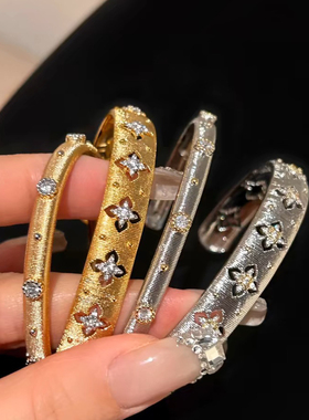 布契拉丝意式复古拉丝闪钻手镯女开口双色菱形镂空开口镯戒指耳环