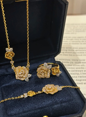 奢华满钻设计双生玫瑰花项链女轻奢气质山茶花手链小香风戒指套装