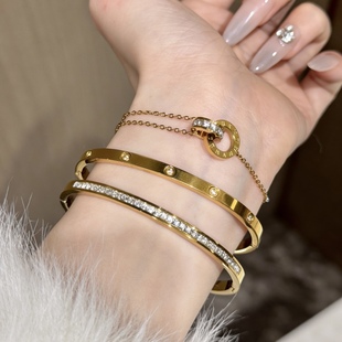 「一达芙同款」罗马假日双环手镯钛钢不掉色三件套叠戴椭圆形手环