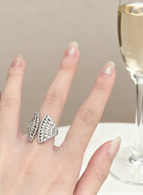 扇子翅膀戒指闪钻爆闪小众设计师百搭个性重工气质银色可调节指环