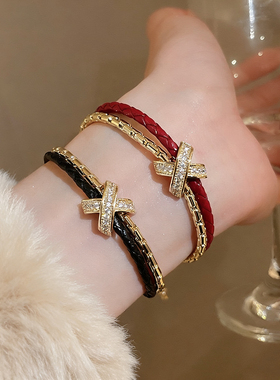 复古交叉红色编织皮绳手链