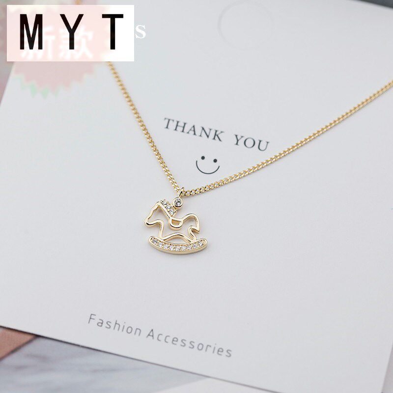 纯银项链女电镀14K金可爱旋转木马锁骨链简约女生银饰品韩国首饰