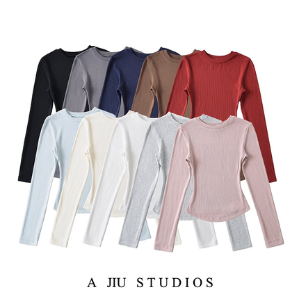 Kardashian-Style Sexy Slim-Fit Hourglass Waist Fleece Crew Neck Long-Sleeve T-Shirt for Women, Inner Layer Base Shirt, Hot Girl Top