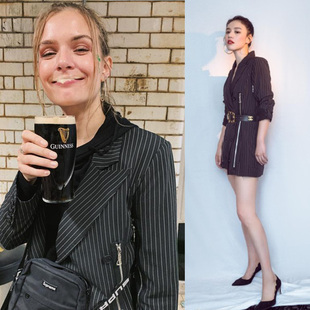 马思纯同款黑白条纹西装修身气场炸街帅气连衣裙双排扣送腰带简洁