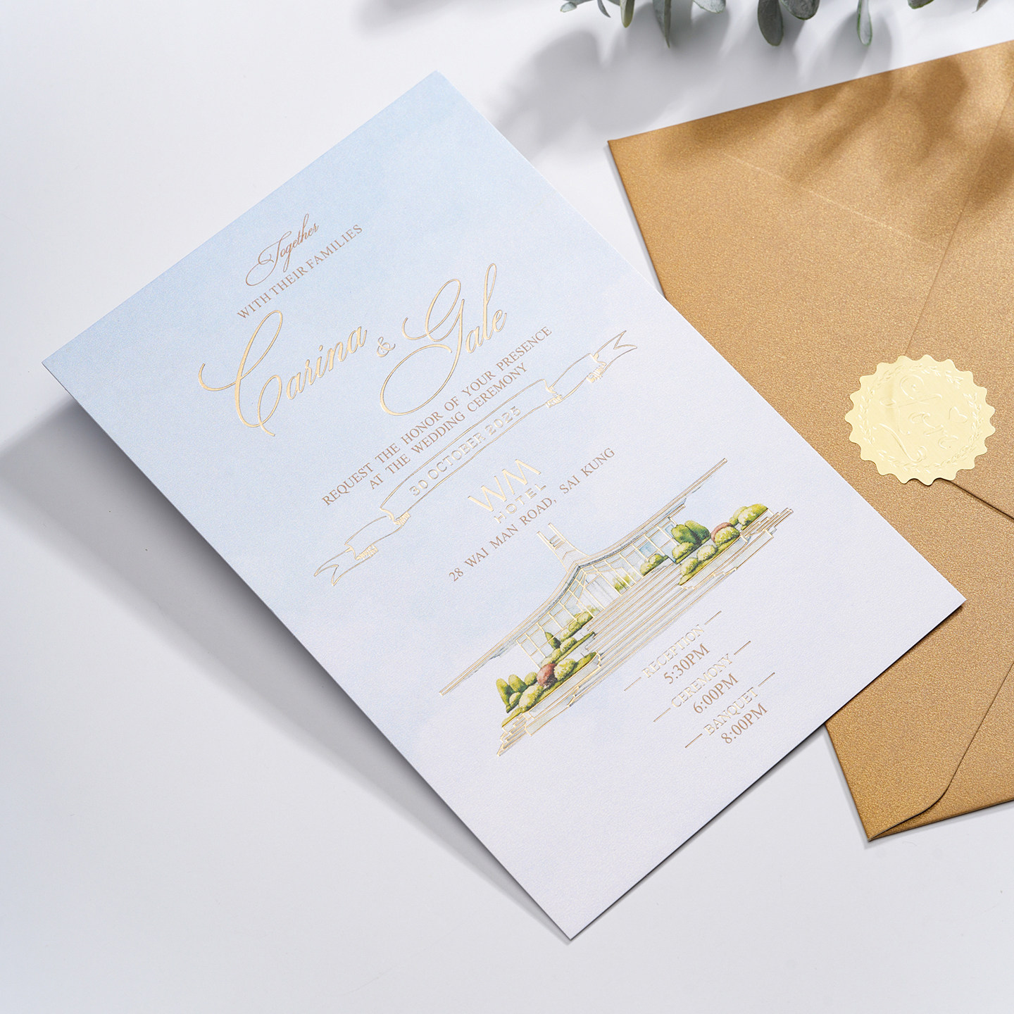 香港WM酒店繁体字创意水彩手绘烫金请帖婚礼结婚定制请柬喜帖欧式