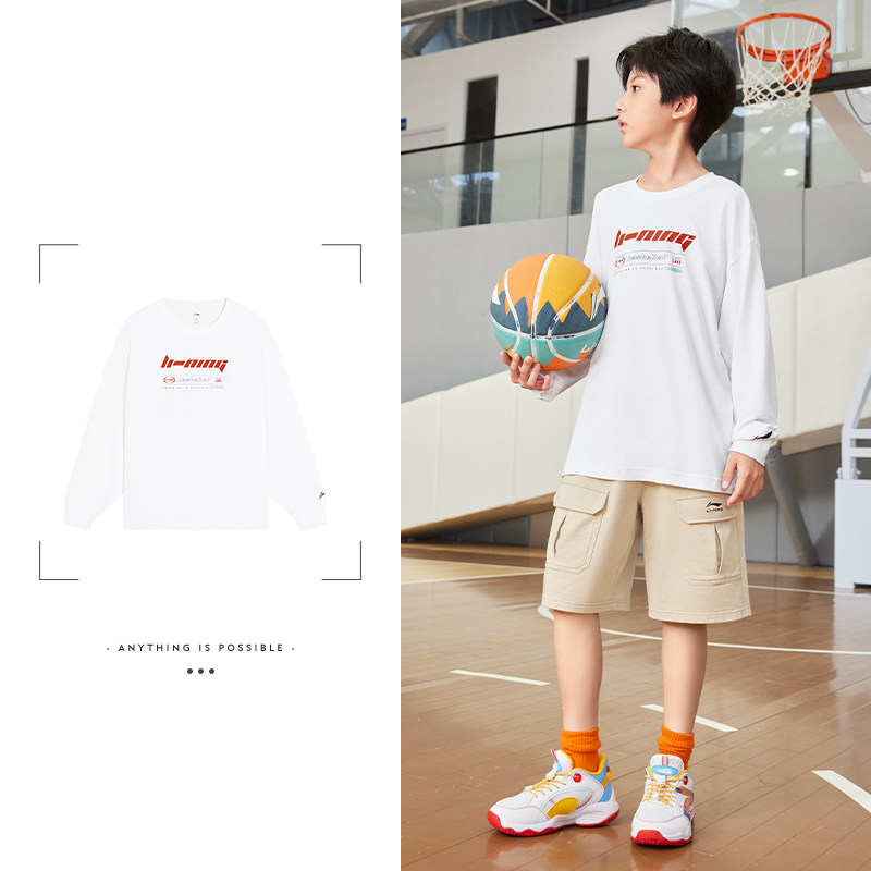 中国李宁童装卫衣男中大童篮球运动服套头圆领长袖文化衫YHSS233