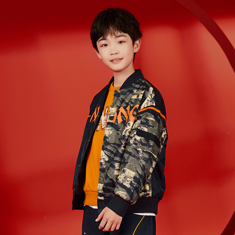 李宁男大童春秋拼接棒球外套宽松