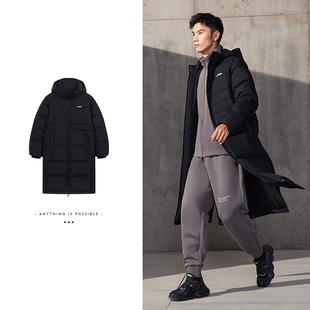 中国李宁长款羽绒服男士2024冬季款鸭绒连帽过膝运动外套AYMT347