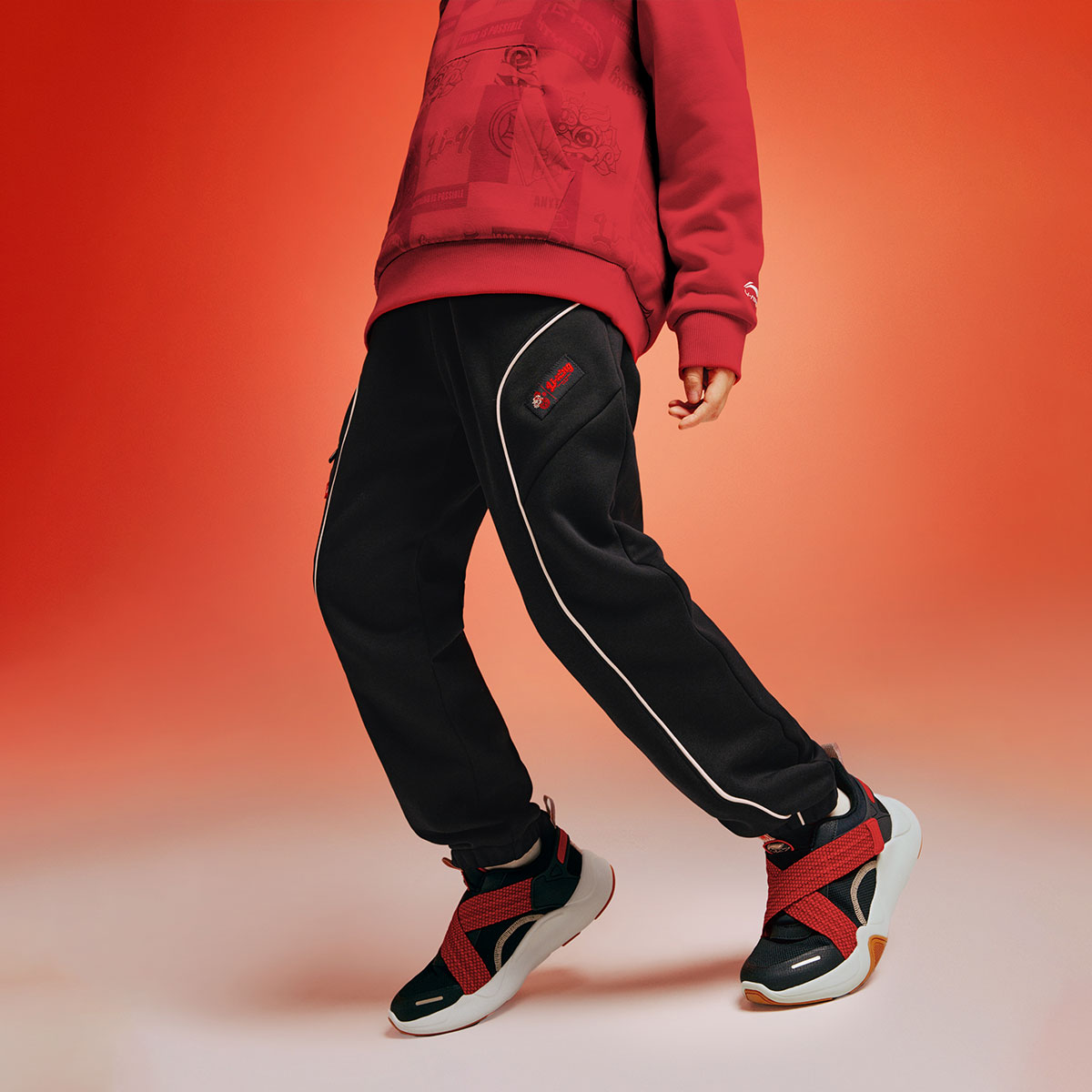 李宁冬季男女童加绒保暖宽松卫裤