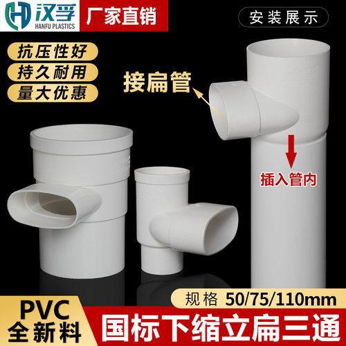 PVC110立扁三通变50 75地漏马桶移位内外插圆转扁瓶口下缩口三通