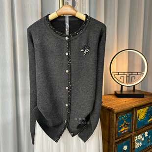 开衫 欧货重工气质显瘦针织衫 毛衣外套 V604灰色亮片边