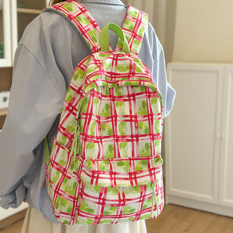 日系格子书包女ins小众设计感 韩版大学生双肩包休闲百搭通勤背包