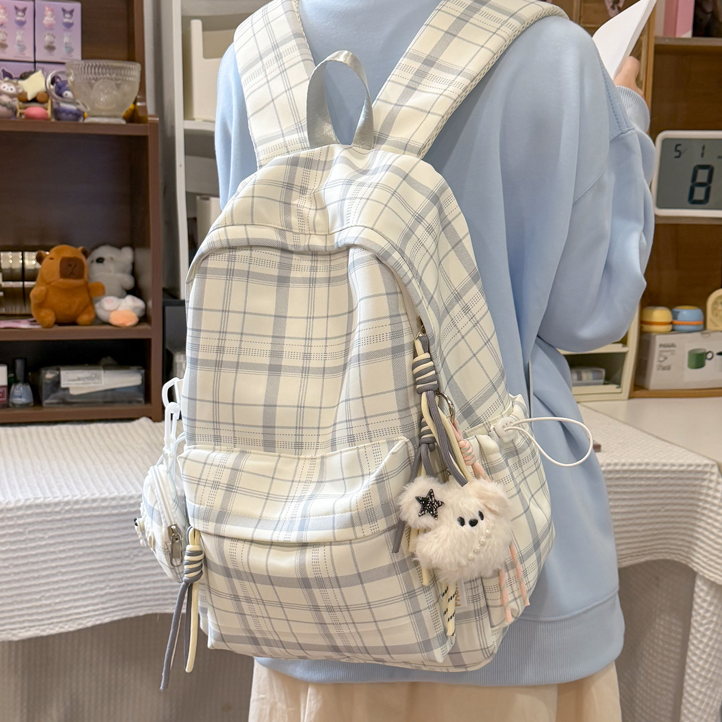 日系小清新格子女学生双肩书包